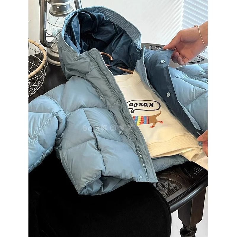 Winter-Pufferjacke für Kinder – Verdickter, mit Polyester gefüllter Kapuzenmantel, trendiges Design mit hohem Kragen (110–160 cm, Blau/Schwarz)_voghion.com