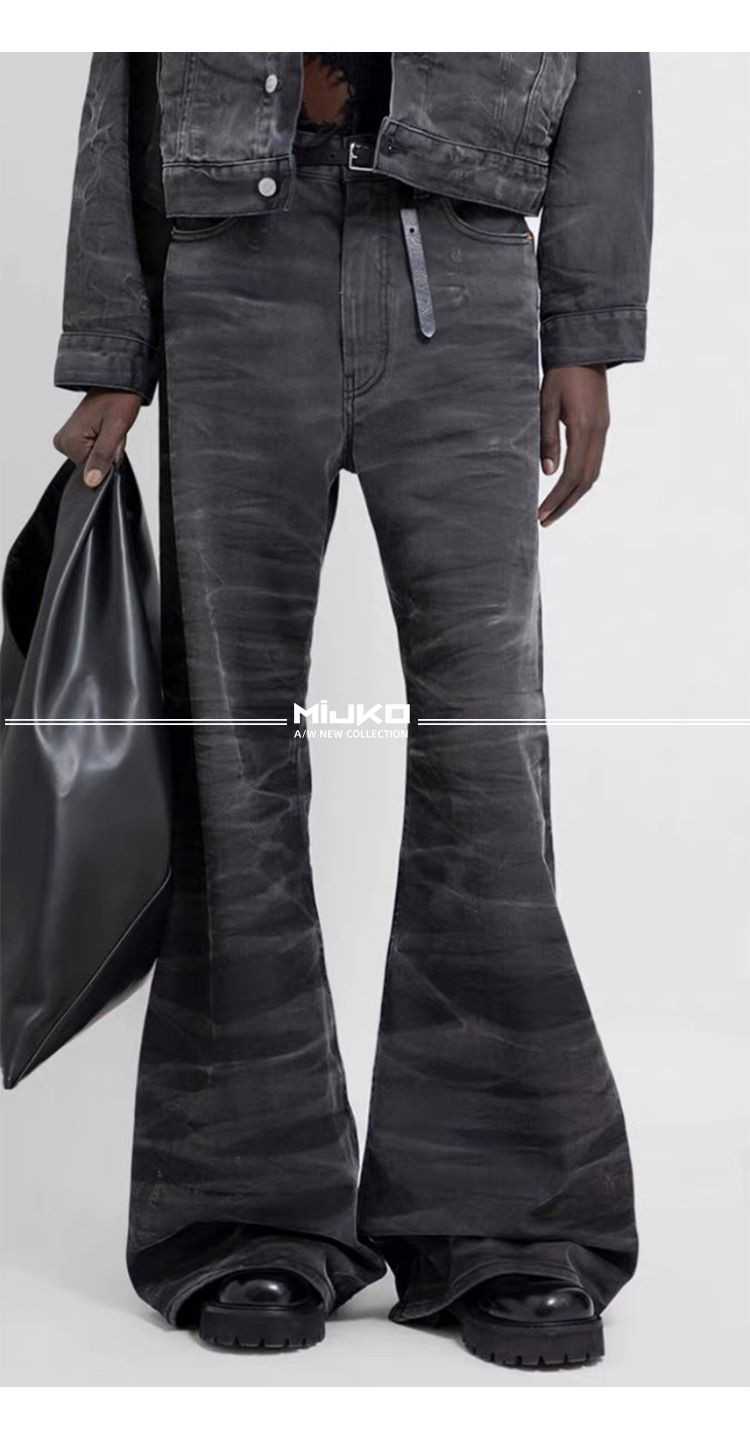 men's and women's washed distressed trousers, the same style for men and women, high street texture couple water rippled bootcut jeans_voghion.com