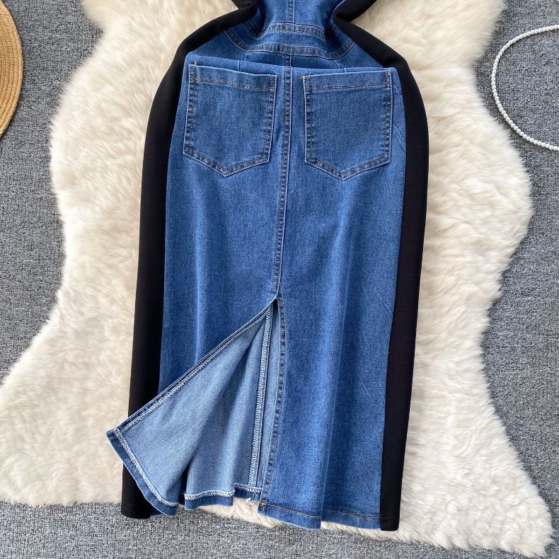 Women's Clothing Temperament Dress Spring Dress Women's Design Contrast Color Splicing Slim Fit Mid-Length Retro Denim Skirt_voghion.com