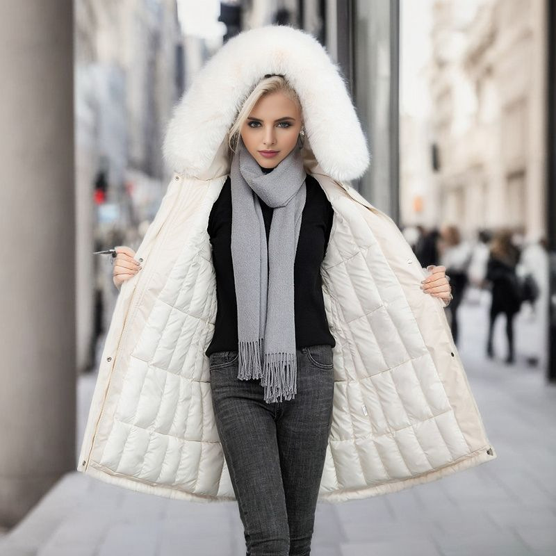 Giacca a vento lunga e slim da donna in autunno e inverno, nuovo collo in pelliccia foderata in cotone staccabile_voghion.com