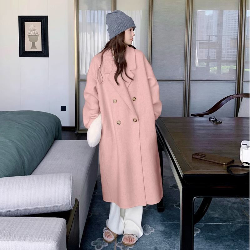 Grauer zierlicher Wollmantel im koreanischen Stil für Damen, Herbst und Winter 2024, neues Design, mittellanger, verdickter Mantel_voghion.com