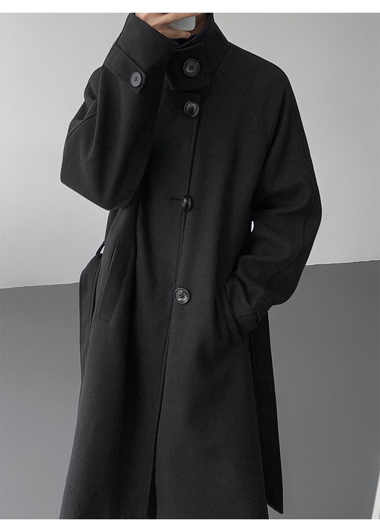 Gabardina de mezcla de lana con cuello alto para hombre: abrigo largo entallado, chaqueta de invierno de botonadura sencilla (negro/albaricoque, M-5XL)_voghion.com