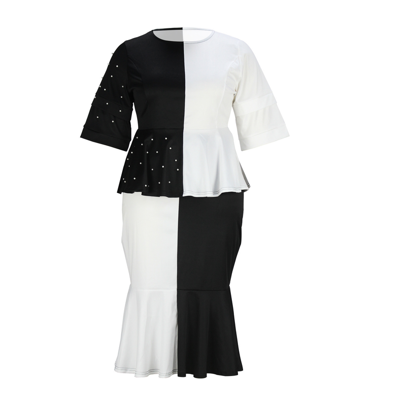 black and white contrasting color stitching beaded top fishtail skirt plus size suit_voghion.com