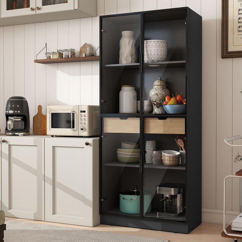Display Cabinet With Glass Doors, Tall Storage Cabinet With 3 Color Lights, Curio Display Case With 4-Tier Storage Shelves And Drawer For Collectibles, Living Room, Home Office_voghion.com
