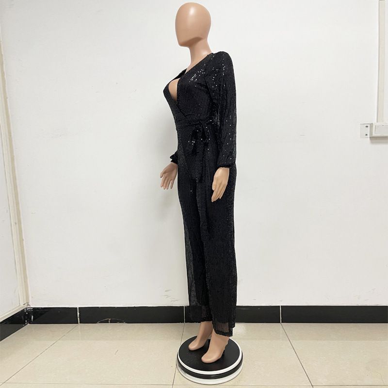 Damkläder Ins Style Deep V Mode Casual Jumpsuit Långärmat Bälte Paljett Jumpsuit Dam_voghion.com