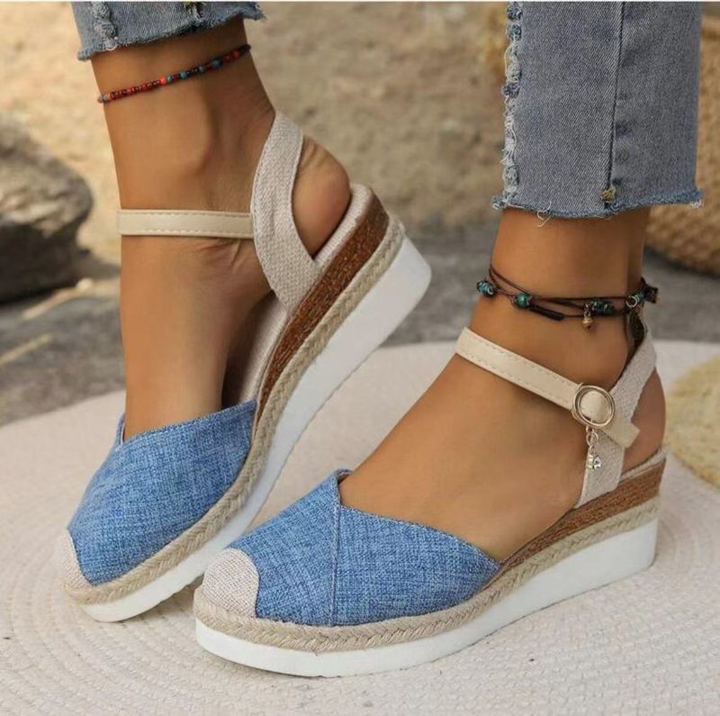 Women's summer large size color matching closed toe back sandals wedge heel lightweight rope braided buckle women's shoes thick bottom sandals_voghion.com