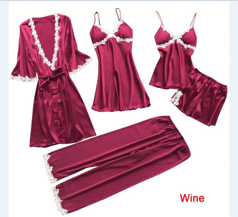 Lenjerie de dormit pentru femei Pijamale sexy din cinci piese pentru femei Rochie de mireasa cu maneca mijlocie de vara Marime mari Imbracaminte pentru casa Camasa de noapte_voghion.com