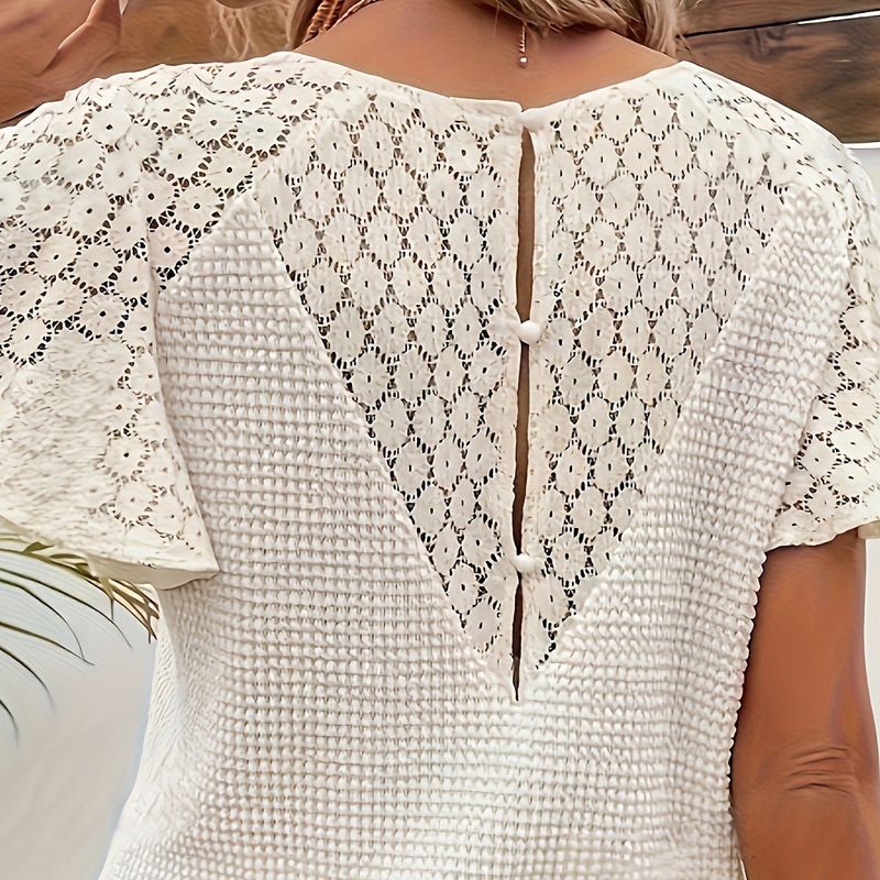 Eleganter, lockerer, lässiger Strickpullover für Damen im neuen Stil mit V-Ausschnitt und Spitze_voghion.com