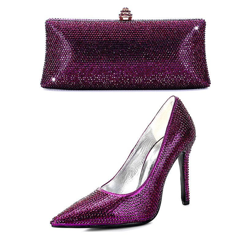 Scarpe con tacco alto da donna, piene di diamanti, borse e scarpe, abito da due pezzi, festa di nozze, borsa da sera lucida con strass_voghion.com
