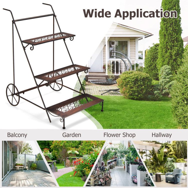 3-Tier Metal Plant Stand with Wheels and Handle for Balcony_voghion.com