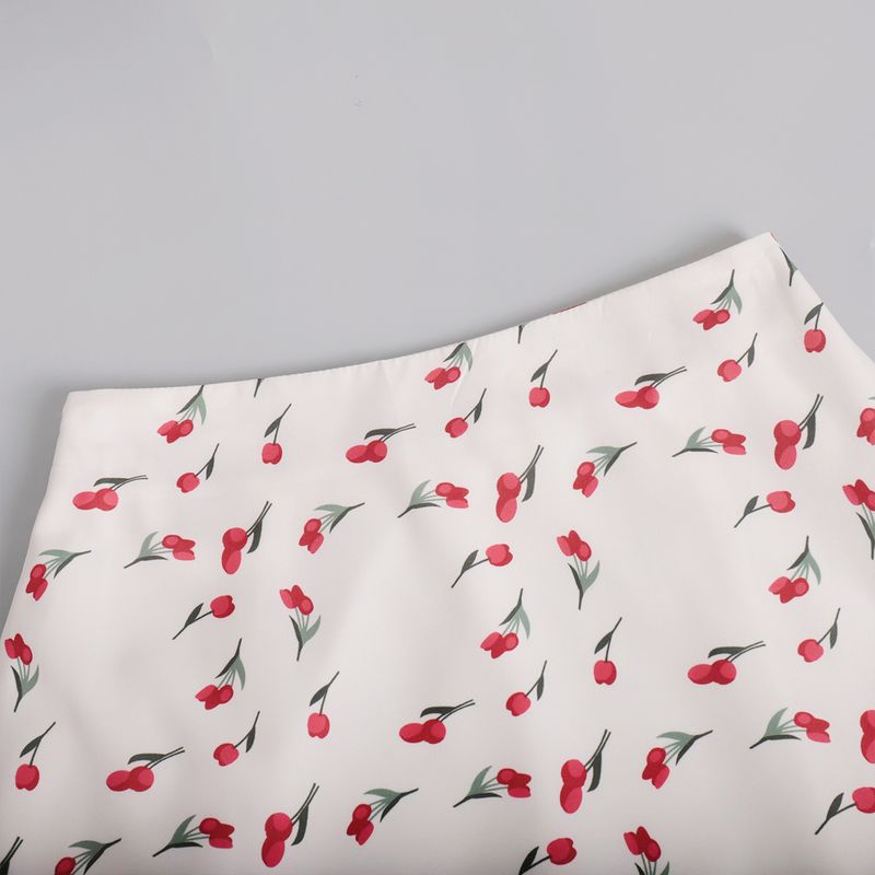 Gonna midi a sirena con stampa di ciliegie, elegante, a vita alta, floreale tinta unita, primavera 2025, abbigliamento resistente e comodo, sinonimi_voghion.com