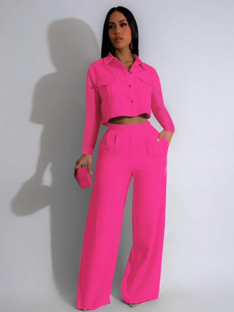 Damenbekleidung Herbstmode Revers Langarm Hohe Taille Weite Beinhose Pendeln Eleganter Anzug_voghion.com