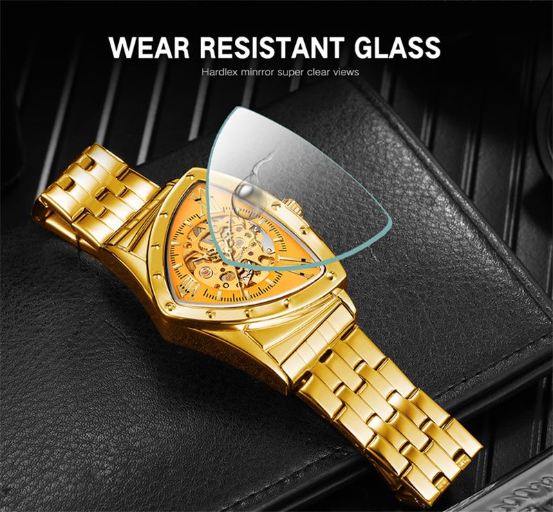 FORSINING 395 Nouvelle Arrivée Hommes Squelette Automatique Mécanique Or Vintage Homme Montre Triangle Montres-bracelets Horloge Meilleur Cadeau Pour Hommes_voghion.com