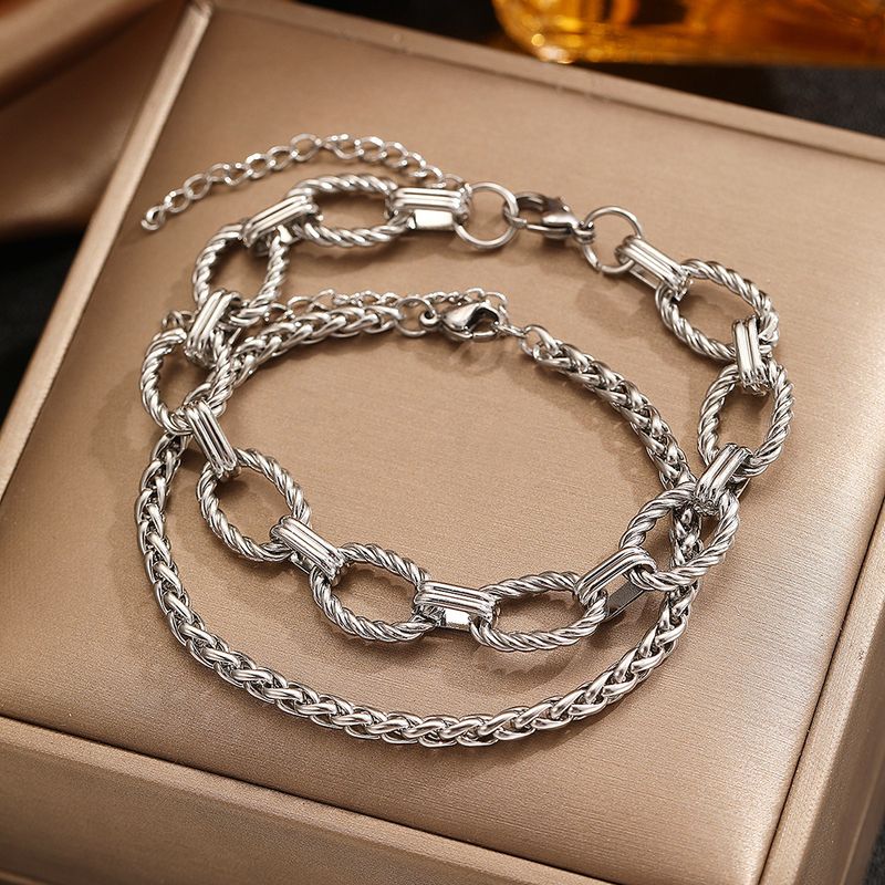 Stainless Steel Men's Cuban Bracelet Double Layer Stacking Set Figaro Twist Chain Simple Non-Fading_voghion.com