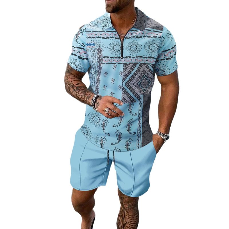2025 Summer New Men's Digital Print Casual Sports Turn-down Collar Short Sleeve Zipper Shorts Set_voghion.com