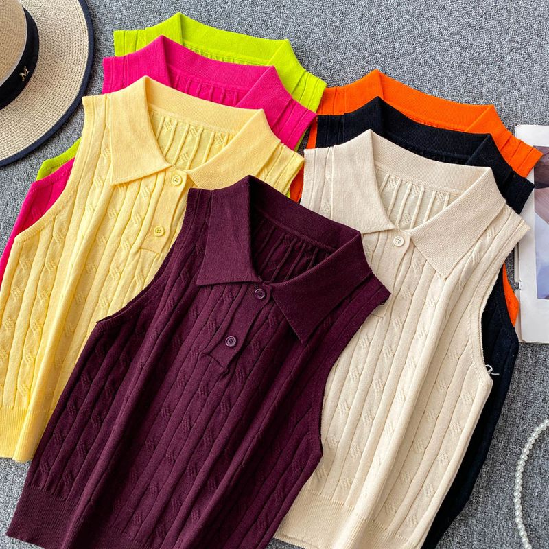 Women's Clothing Twisted POLO Collar Sleeveless Knitted Vest Slim Fit Two Button Casual Top_voghion.com