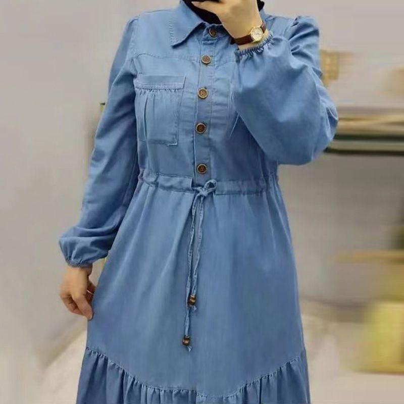 Women's Blue Patchwork Maxi Dress Dubai Turkish Clothing Fashionable Elegant Denim Dress_voghion.com