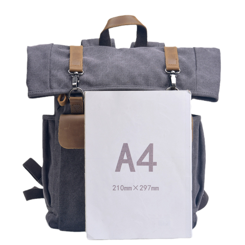 Suitable For All Seasons Muchuan Canvas Men's Backpack College Style School With Layer Cowhide Roll Top Expandable Outdoor Hiking Bag_voghion.com
