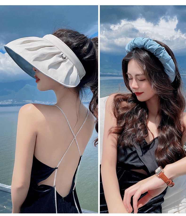 Japanese empty top for women, UV resistant summer sun shade, large brim, face covering, folding headband, shell hat_voghion.com