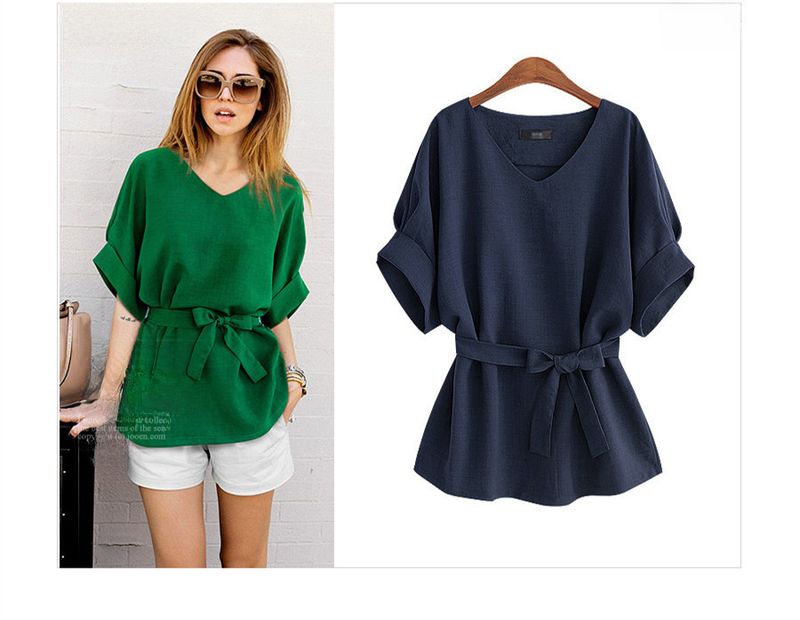 Camicia da donna a maniche corte in lino con scollo a V. Top in lino di cotone di grandi dimensioni con maniche a pipistrello_voghion.com