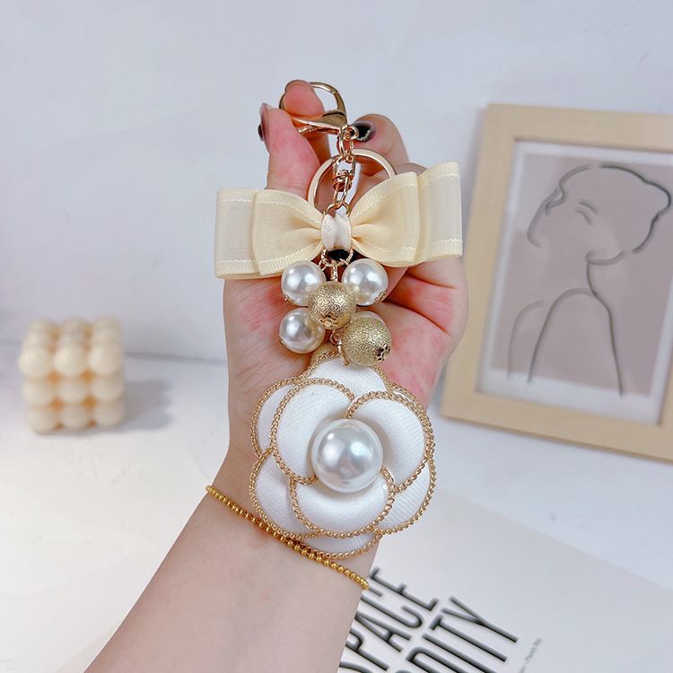 Chain pearl camellia bag pendant fashionable women's double-layer bow creative keychain goods_voghion.com