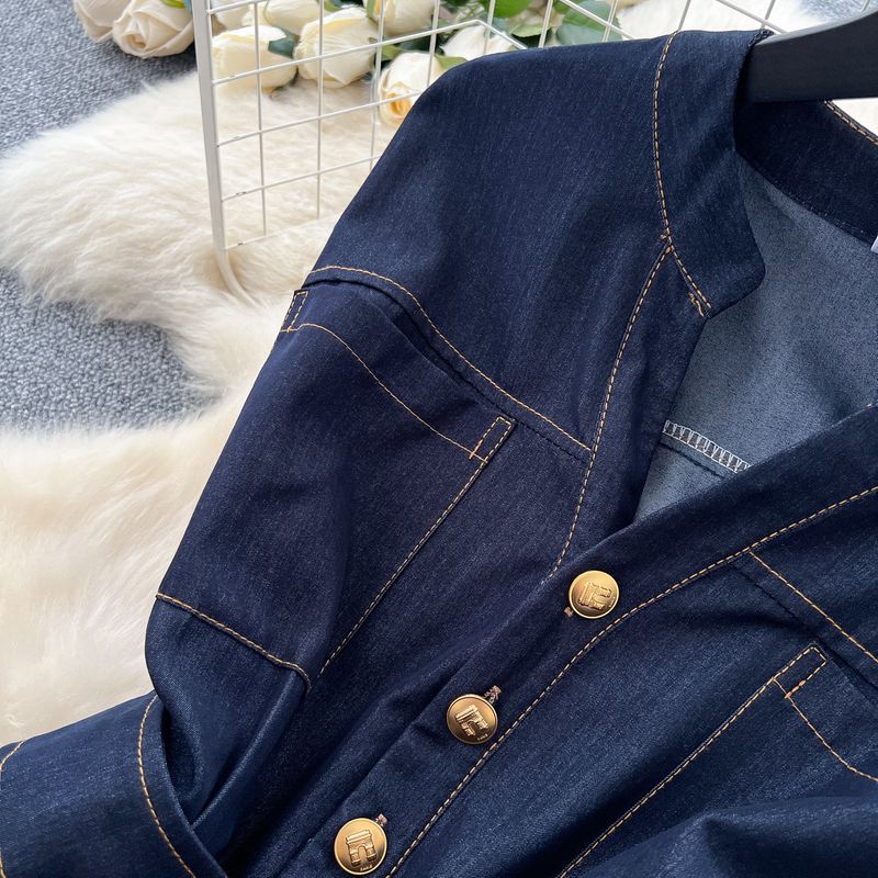 Abito senza maniche in denim elegante e sottile, con scollo a V, bottoni in metallo, vita scoperta, stile retrò, per donna, estivo_voghion.com