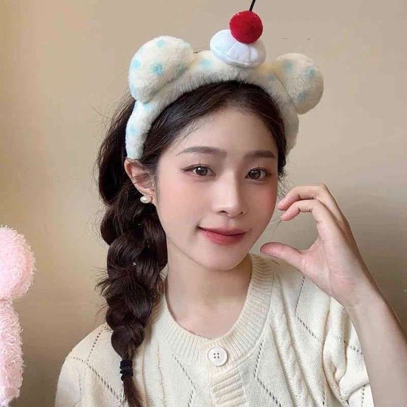 Cute Blue Polka Dot Plush Bear Earring Headband For Women, Face Wash, Face Mask, Photography Props, Accessories, Hair Clips_voghion.com