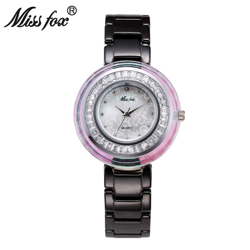 MISSFOX Fashion Trend Crystal Circle Simple Casual White Ceramic Ladies Watch_voghion.com