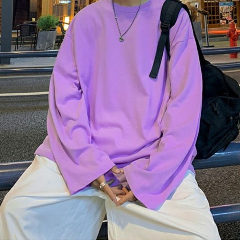 @Gangzai Maglietta a maniche lunghe in cotone bianco letterario da uomo, felpa ampia, strato interno in tinta unita, stile maschile_voghion.com