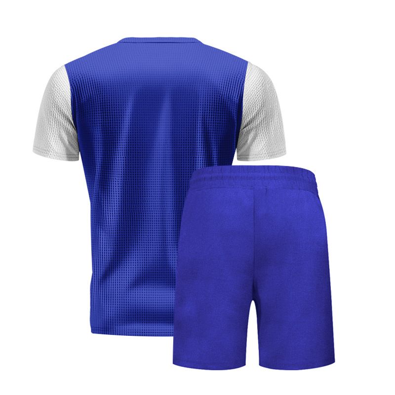 Summer Plus Size American Style Loose Waffle Beach Henley Shirt Short Sleeve Shorts Casual Set For Men_voghion.com
