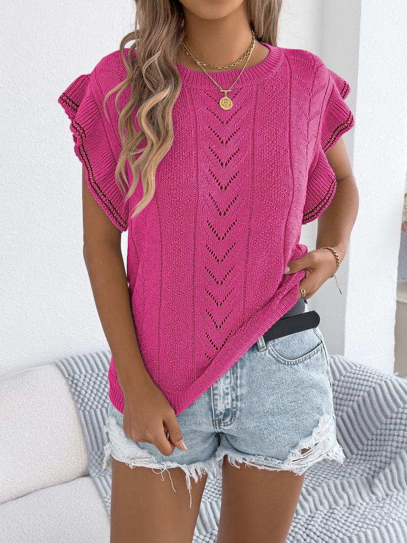 2025 Primavera Estate Casual Hollow Out Intrecciato Color-Block Ruffled Knit Top Camicetta da Vacanza Abbigliamento Donna_voghion.com