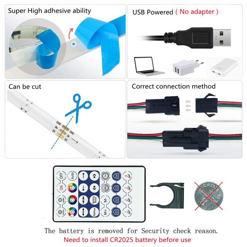 Bande lumineuse LED RGB 5 V WS2812B, télécommande Bluetooth, alimentation USB, étanche IP65, pour décoration intérieure et salle de jeux_voghion.com