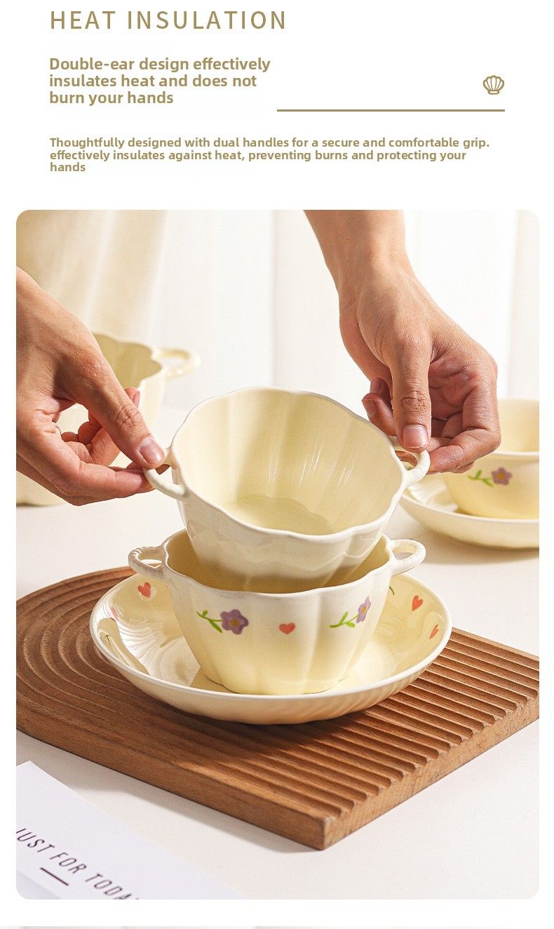 Wisteria Cream Style Ins Set Household Rice Ceramic Plate Double Ear Noodle Large Soup Bowl With Spoon_voghion.com