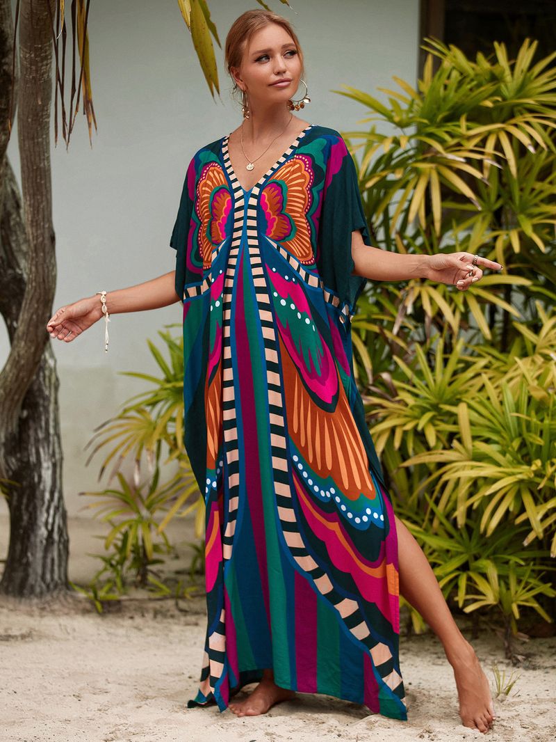 Strandkleid aus 100 % Baumwolle für Damen – Sonnenshirt mit Boho-Print, locker sitzende Bademode, Langarm-Tunika für den Urlaub am Pool_voghion.com