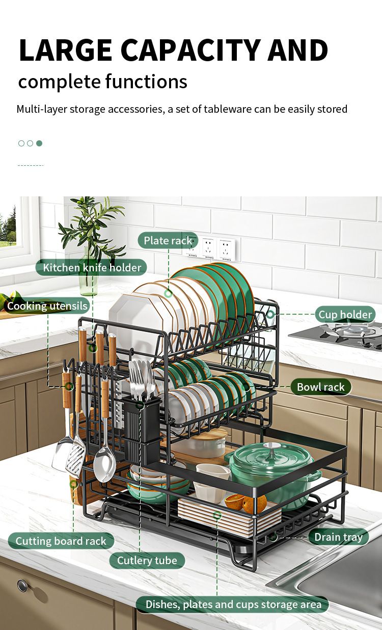 Kitchen Bowl Rack Household Anti-rust Countertop Double-layer Draining Bowl Rack Multifunctional Bowl Storage Rack_voghion.com