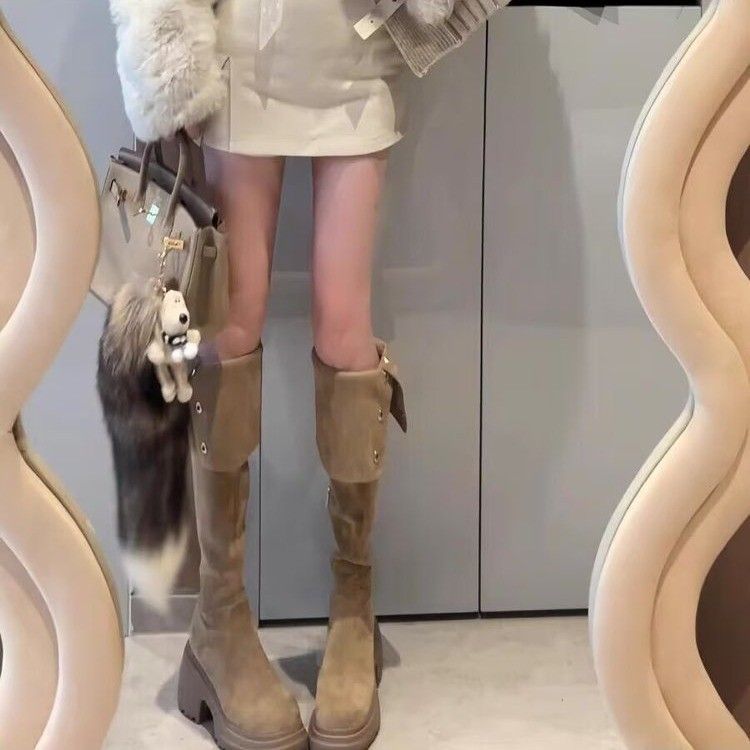 Herbst/Winter Neue kniehohe Stiefel mit Fleecefutter für Damen, braune Reitstiefel mit klobigem Absatz_voghion.com