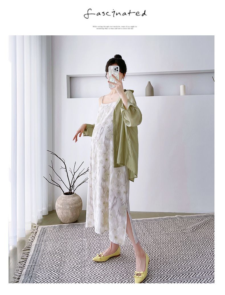 Completo da donna incinta, abito in chiffon con gonna e bretelle, camicia in tencel, abbigliamento con protezione solare, set due pezzi primaverile_voghion.com