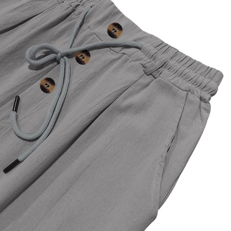 American Style Men's Cotton Linen Button Decoration Drawstring Summer Beach Straight Solid Color Comfortable Breathable_voghion.com