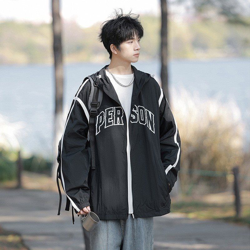 Terno de proteção solar estilo hip-hop americano de qualidade imbatível, jaqueta de trabalho com capuz estilo verão masculino, roupas de caminhada ao ar livre_voghion.com