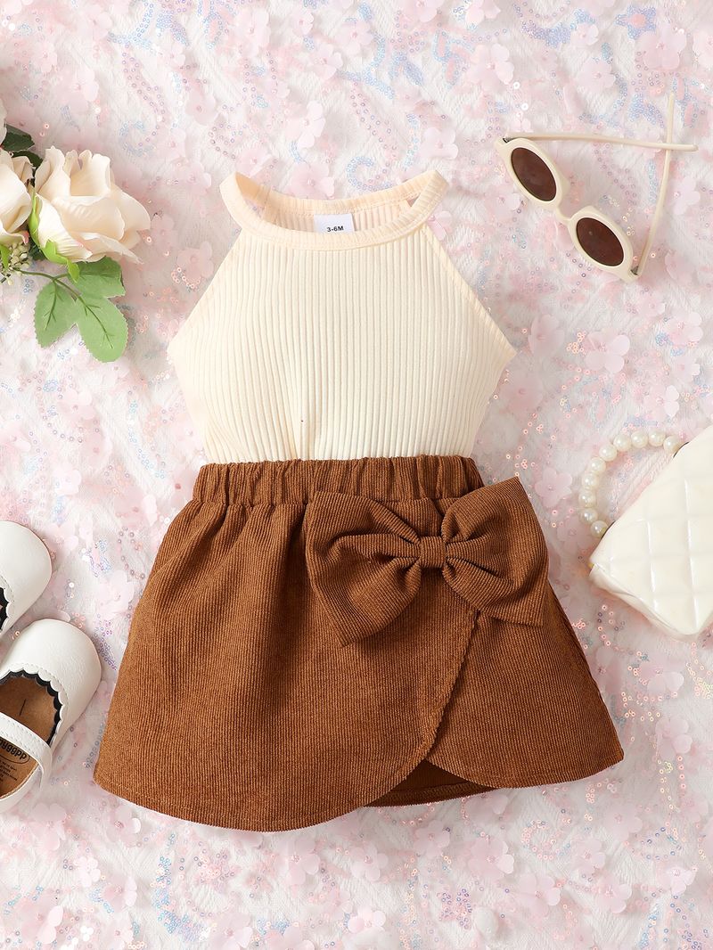 Mother & Kids Infants And Children Solid Color Ribbed T Shirts And Mini Skirt Sets_voghion.com