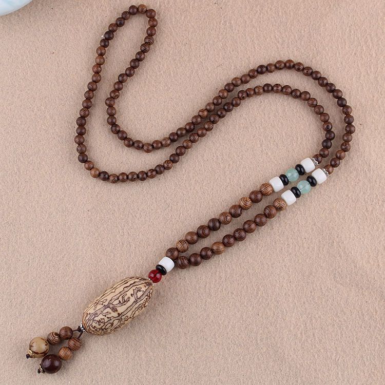 Collana lunga per maglione in stile etnico, ciondolo Bodhi, collana con perline di legno, accessori con ciondolo in cotone e lino per uomo e donna_voghion.com