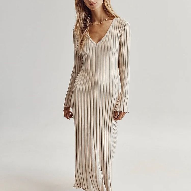 Frühling/Sommer, neues lässiges, tailliertes, V-Ausschnitt-Strickkleid mit schmalen Streifen für Damen_voghion.com