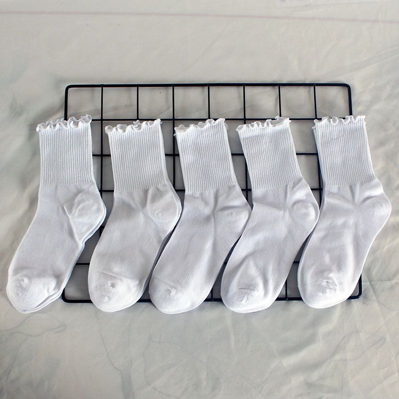 Calzini da donna Calzini alla caviglia plissettati da donna Calzini autunnali invernali in cotone con pizzo alle orecchie in legno Calzini a tubo medio da donna in tinta unita_voghion.com