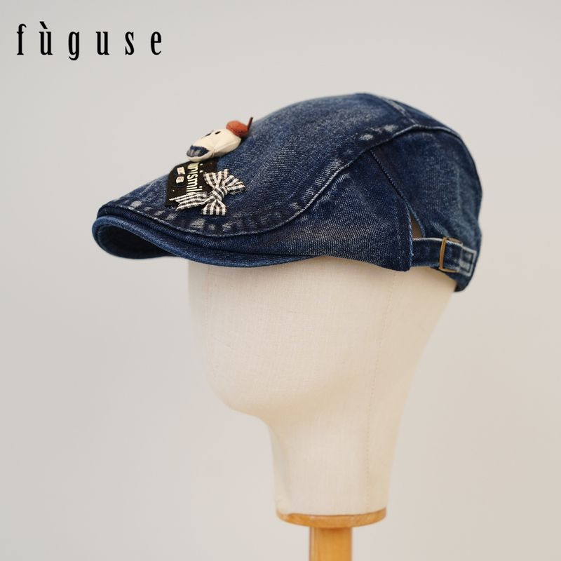 Herbstliche süße Cartoon-Washed-Denim-Frontkappe für Damen, Gesichtsschlankmachende Entenschnabelkappe, Malermütze_voghion.com