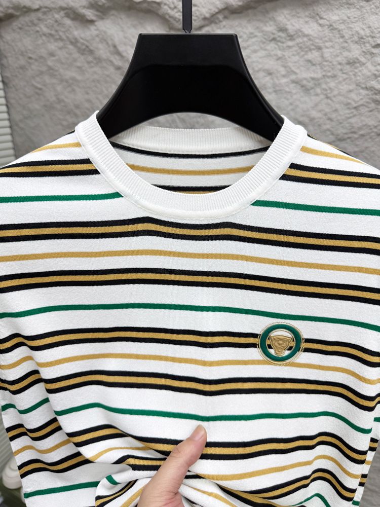 Maglietta a maniche corte estiva da uomo, tendenza giovanile, a righe, in seta ghiacciata, a mezza manica, scollo rotondo, polo sottile._voghion.com