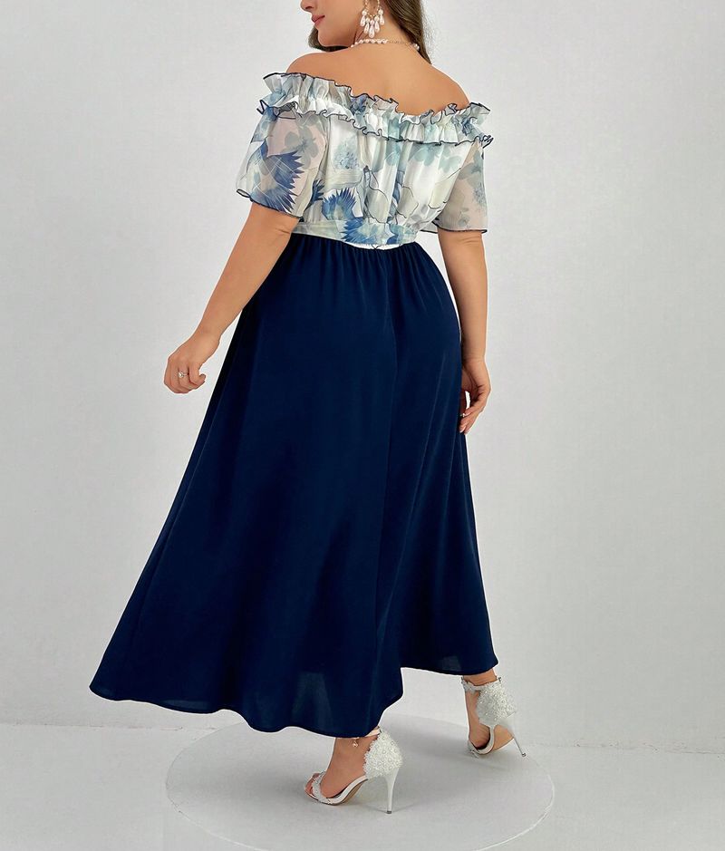 Sommerliches Wickelkleid in Übergröße – schulterfreies, elegantes Bürokleid mit Blumendruck und Gürtel, langes A-Linien-Kleid für Damen (0XL-4XL, Marineblau)_voghion.com