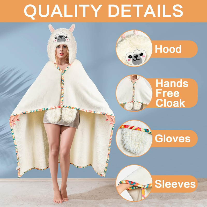 Damenbekleidung Niedliche lässige Homewear mit Kapuze, verdickter warmer Lammmantel, Flanell-Schal, mit Kapuze, Damen-Bademantel, Decke_voghion.com