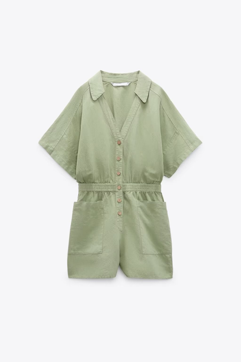 Women's Clothing Summer New Lapel Loose Waist Linen Blended Striped Short Jumpsuit_voghion.com