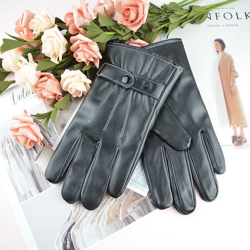 Guanti da motociclista in pelle PU a tre strisce, caldi, foderati in pile, antifreddo, antivento, da uomo, autunno e inverno_voghion.com