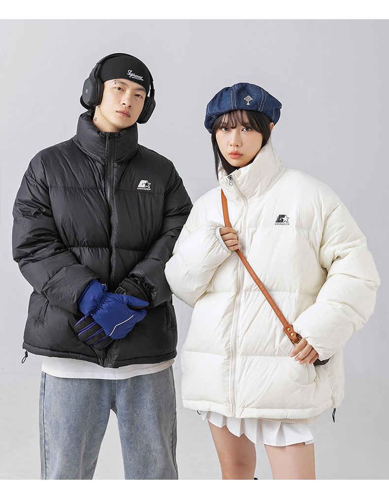 Doudoune imprimée unisexe d'hiver - Doudoune ample et épaisse avec rembourrage en plumes de canard pour homme et femme (noir, blanc cassé)_voghion.com